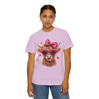 Highland Cow - Pink Heart Shaped Glasses - Comfort Colors | Trendy Women's T-Shirt. Direct to Garment. Printed & Shipped in the USA. Unisex Sizes.