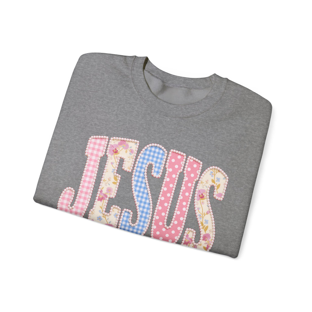 JESUS Pastel Faux Patchwork – Gildan Heavy Blend | Trendy Women’s Soft Sweatshirt. Direct to Garment. Printed & Shipped in the USA. Unisex Sizes.