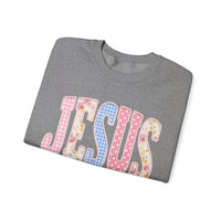 JESUS Pastel Faux Patchwork – Gildan Heavy Blend | Trendy Women’s Soft Sweatshirt. Direct to Garment. Printed & Shipped in the USA. Unisex Sizes.