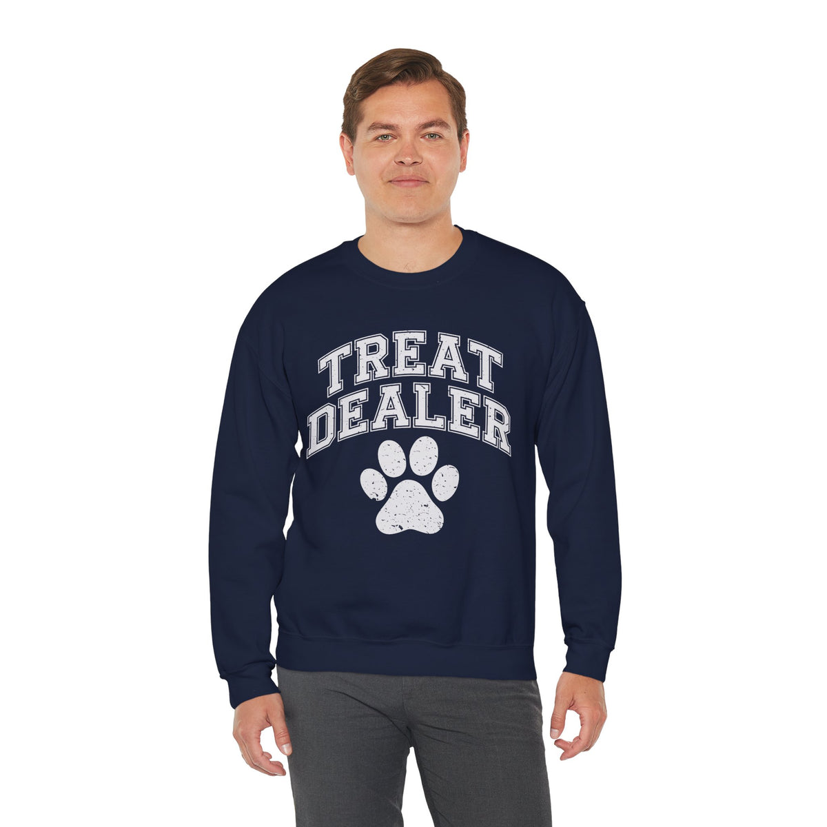 Treat Dealer, Dog Lover – Gildan Heavy Blend | Trendy Men's and Women’s Soft Sweatshirt. Direct to Garment. Printed & Shipped in the USA. Unisex Sizes.