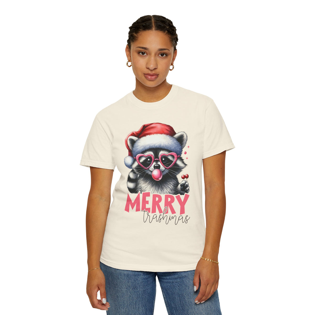 Merry Trashmas Bubblegum Raccoon w/Santa Hat Christmas - Comfort Colors | Trendy Women's T-Shirt. Direct to Garment. Printed & Shipped in the USA. Unisex Sizes.