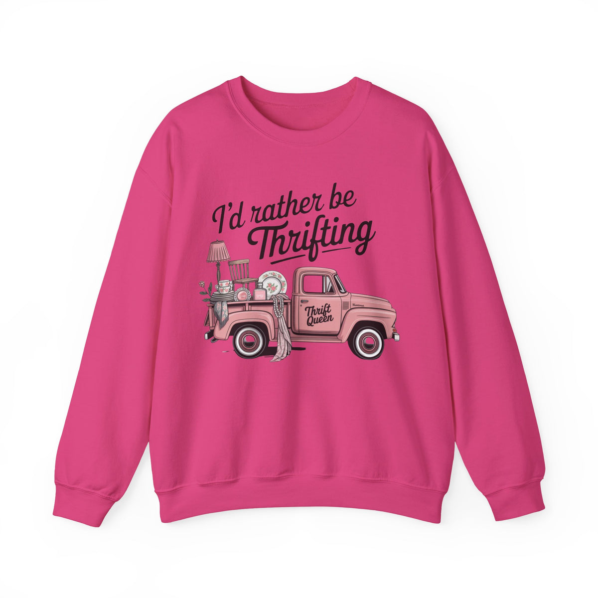 I'd Rather Be Thrifting. Pink Vintage Truck – Gildan Heavy Blend | Trendy Women’s Soft Sweatshirt. Direct to Garment. Printed & Shipped in the USA. Unisex Sizes.