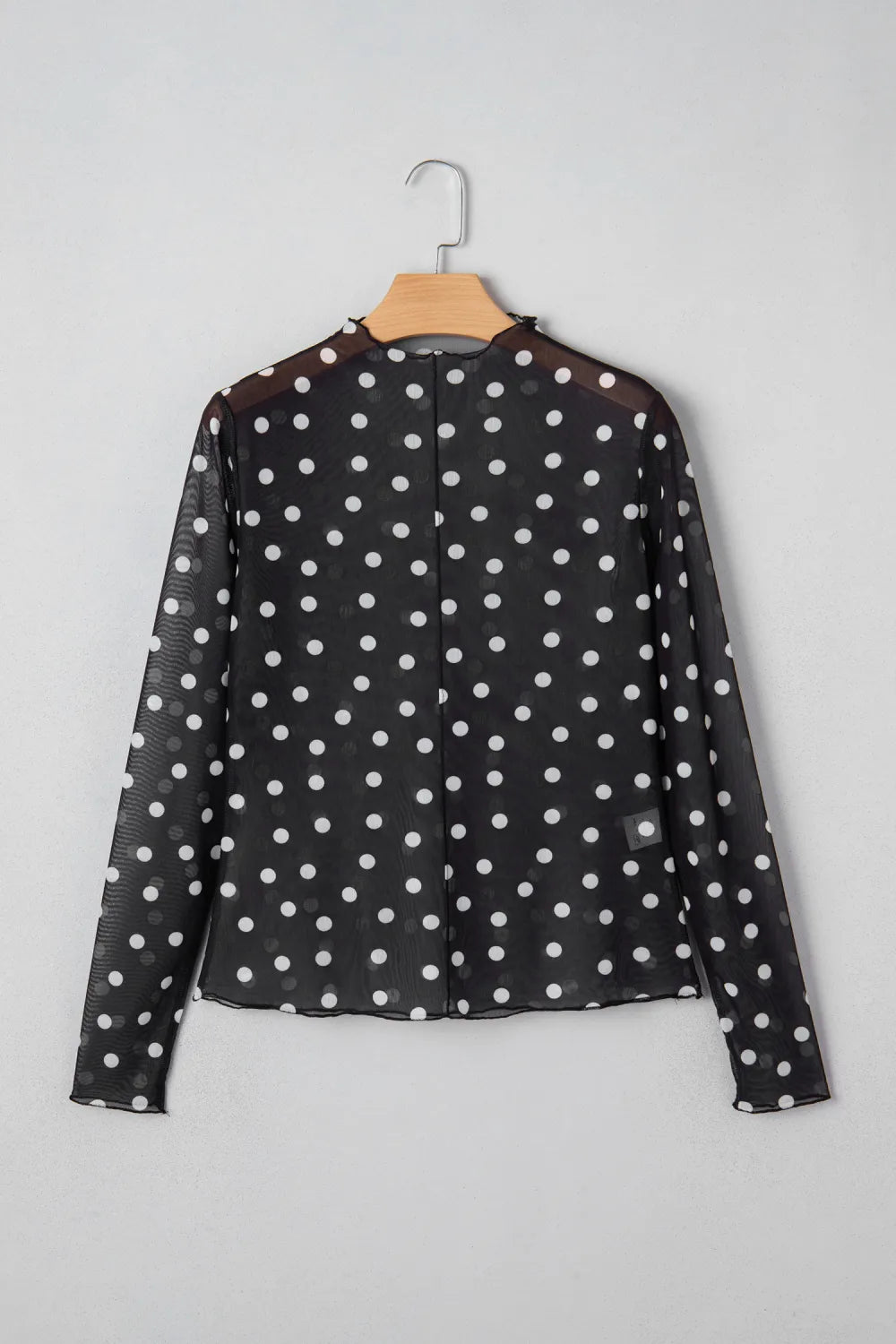 All-Over Black/White Polka Dot Mock Neck Mesh Long Sleeve Top