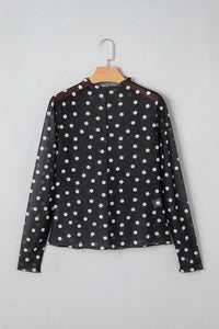 All-Over Black/White Polka Dot Mock Neck Mesh Long Sleeve Top