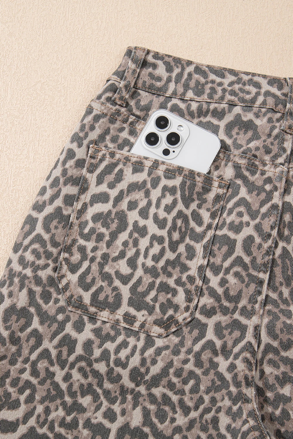 High-Rise Brown Leopard Frayed Edge Wide Leg Jeans