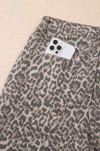 High-Rise Brown Leopard Frayed Edge Wide Leg Jeans