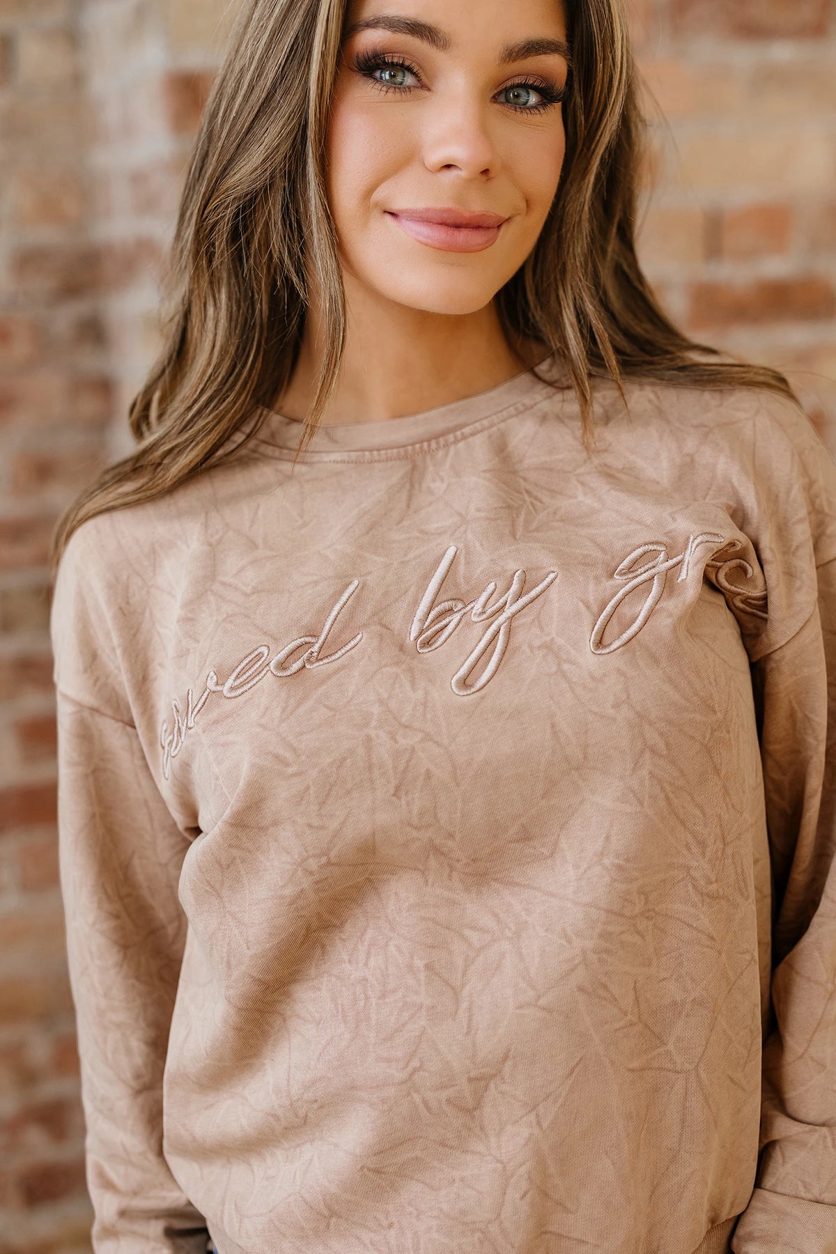 Saved By Grace (Beige) Letter Embroidery Mineral Wash Loose Sweatshirt