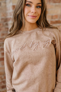 Saved By Grace (Beige) Letter Embroidery Mineral Wash Loose Sweatshirt