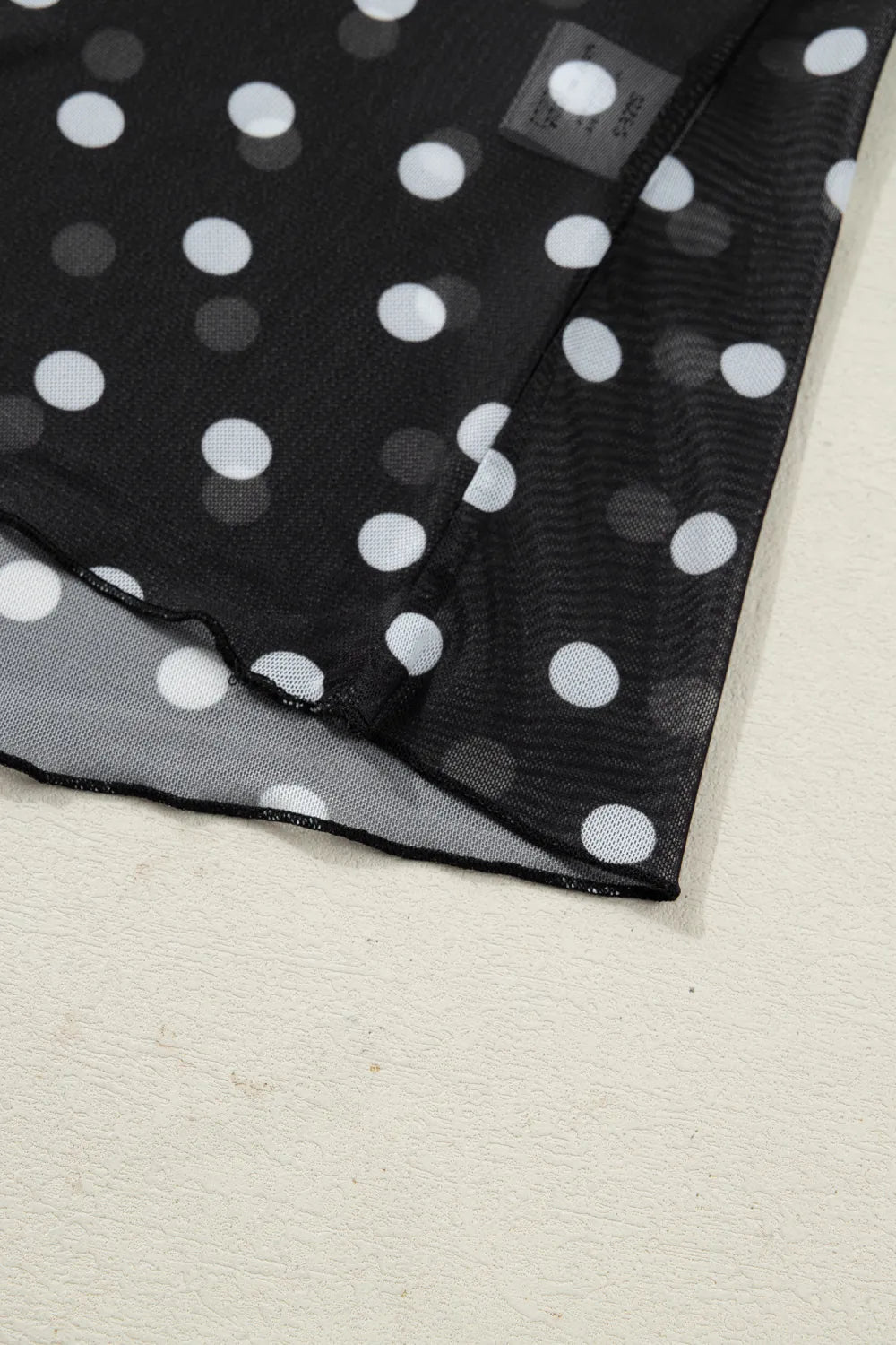 All-Over Black/White Polka Dot Mock Neck Mesh Long Sleeve Top