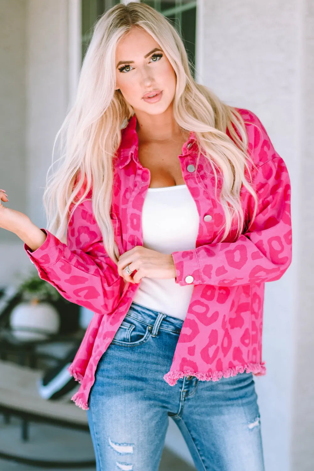 Vibrant Pink Leopard Print Lightweight Jean Jacket with Raw Hem