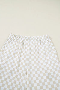 Khaki & White 2pc Checkered Print Half Sleeve Loungewear with Pockets