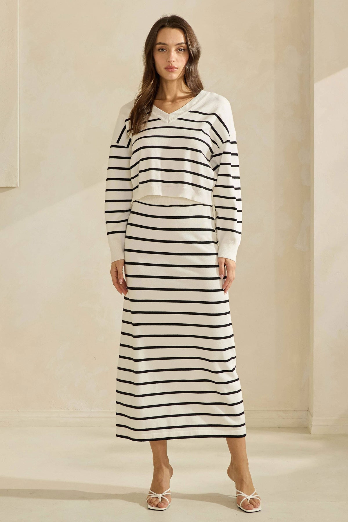 Ivory w/Black Stripes V-Neck Soft Sweater