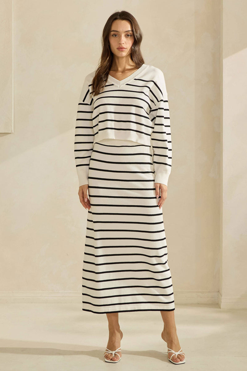 Ivory w/Black Stripes V-Neck Soft Sweater