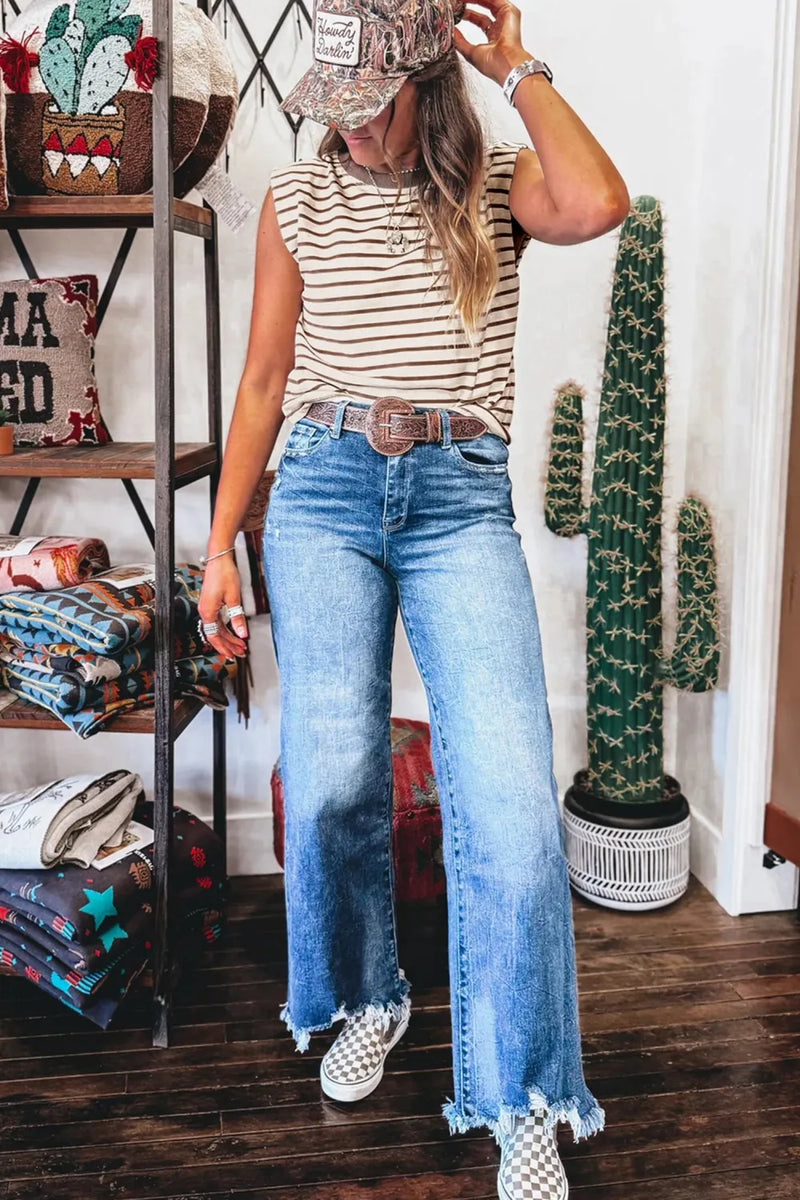 Tan/Brown Striped Sleeveless Loose-Fitting Top