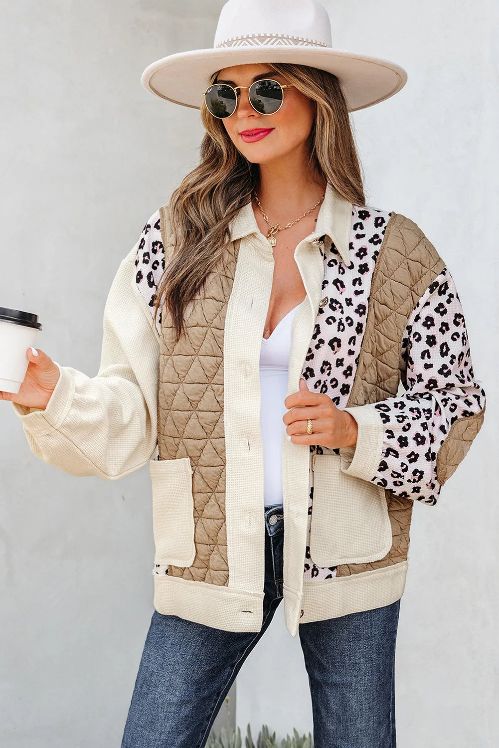 Khaki & Leopard Patchwork Quilted Button-Front Lightweight Jacket with Pockets