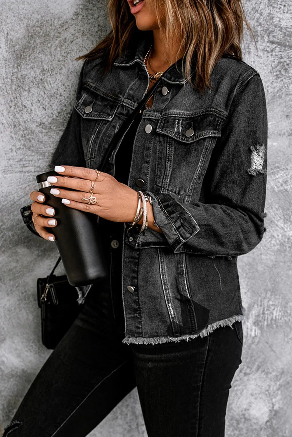Ella Black Jean Jacket, Distressed w/Raw Hem