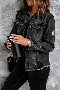 Ella Black Jean Jacket, Distressed w/Raw Hem