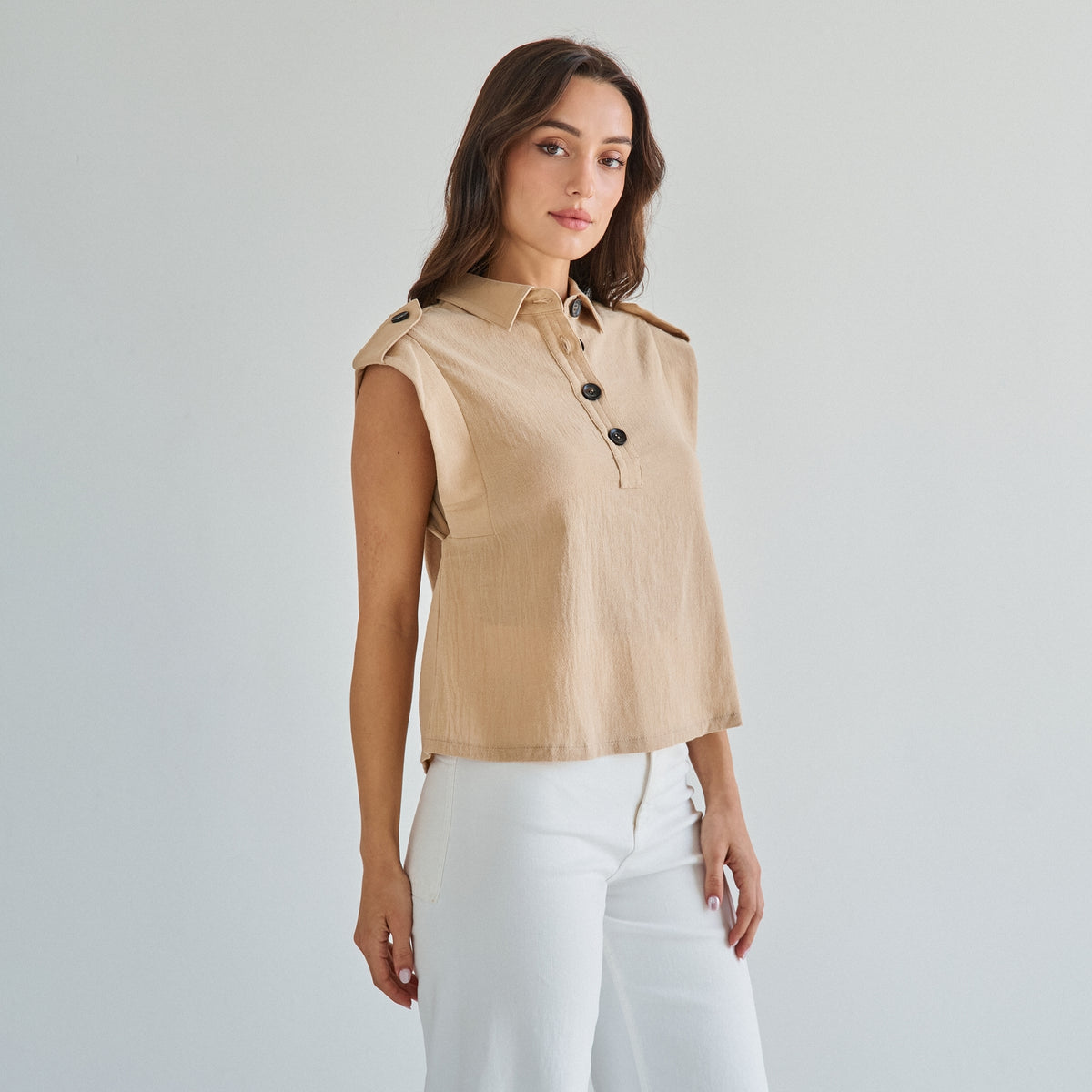 Sleeveless Button 100% Cotton Beige Top w/Extra Side Bra Coverage
