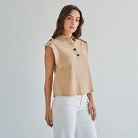 Sleeveless Button 100% Cotton Beige Top w/Extra Side Bra Coverage