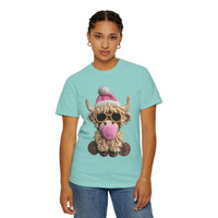 Faux Crochet Highland Cow Bubblegum - Comfort Colors | Trendy Women's T-Shirt. Direct to Garment. Printed & Shipped in the USA. Unisex Sizes.