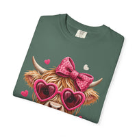 Highland Cow - Pink Heart Shaped Glasses - Comfort Colors | Trendy Women's T-Shirt. Direct to Garment. Printed & Shipped in the USA. Unisex Sizes.