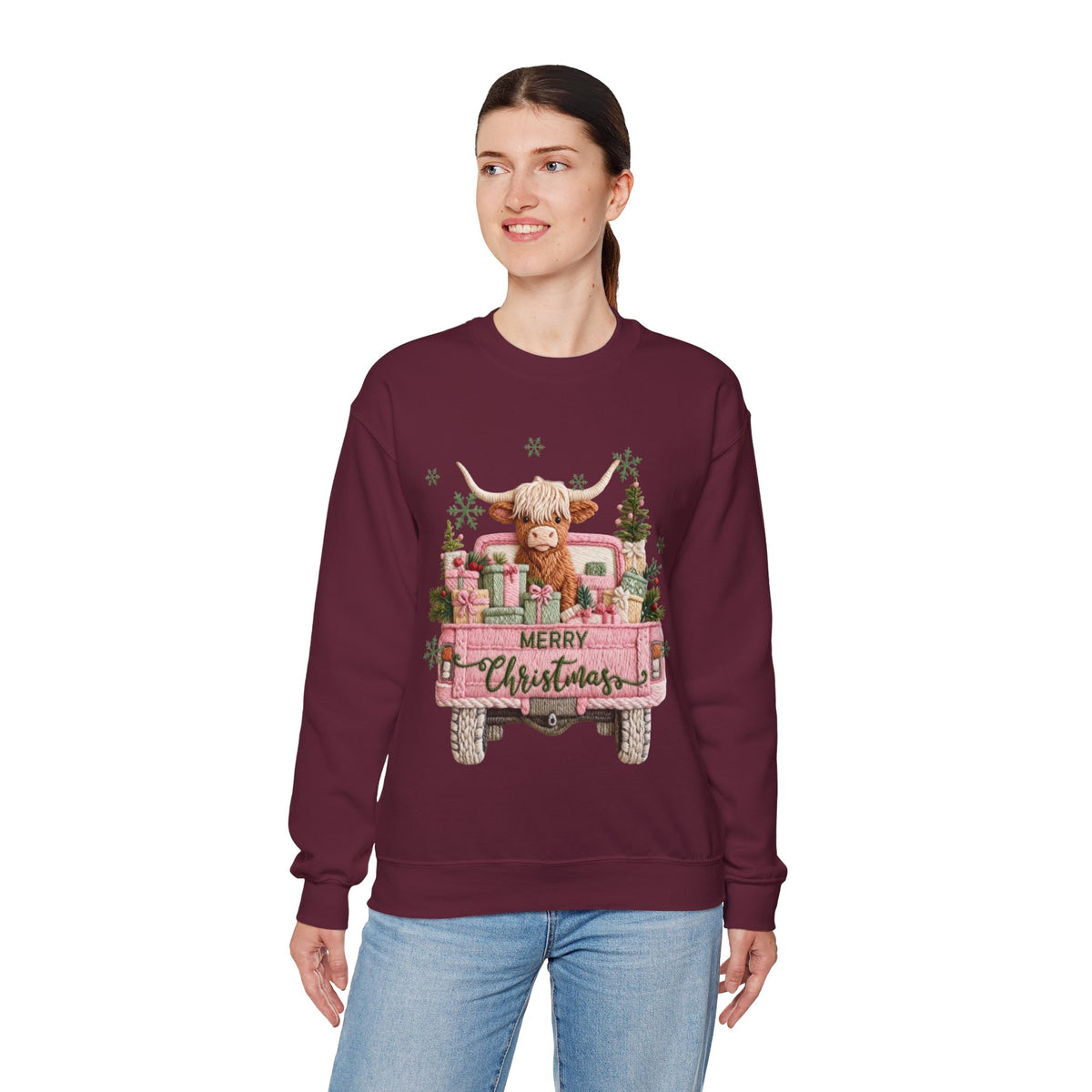 Highland Cow in Pink Truck Merry Christmas Holiday Farmhouse – Gildan Heavy Blend | Trendy Women’s Soft Sweatshirt. Direct to Garment. Printed & Shipped in the USA. Unisex Sizes.