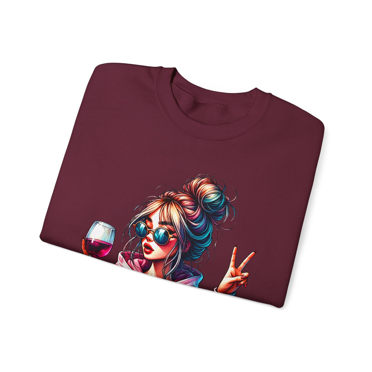 Dramatic Girl With Wine Messy Bun Peace Sign – Gildan Heavy Blend | Trendy Women’s Soft Sweatshirt. Direct to Garment. Printed & Shipped in the USA. Unisex Sizes.
