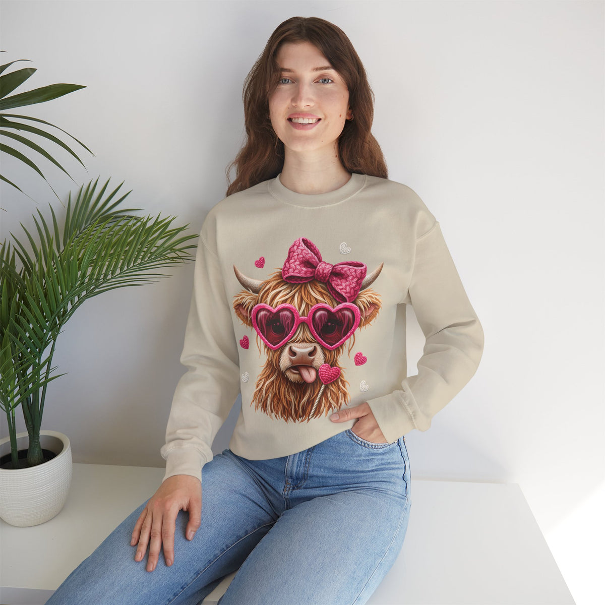 Highland Cow - Pink Heart Shaped Glasses – Gildan Heavy Blend | Trendy Women’s Soft Sweatshirt. Direct to Garment. Printed & Shipped in the USA. Unisex Sizes.