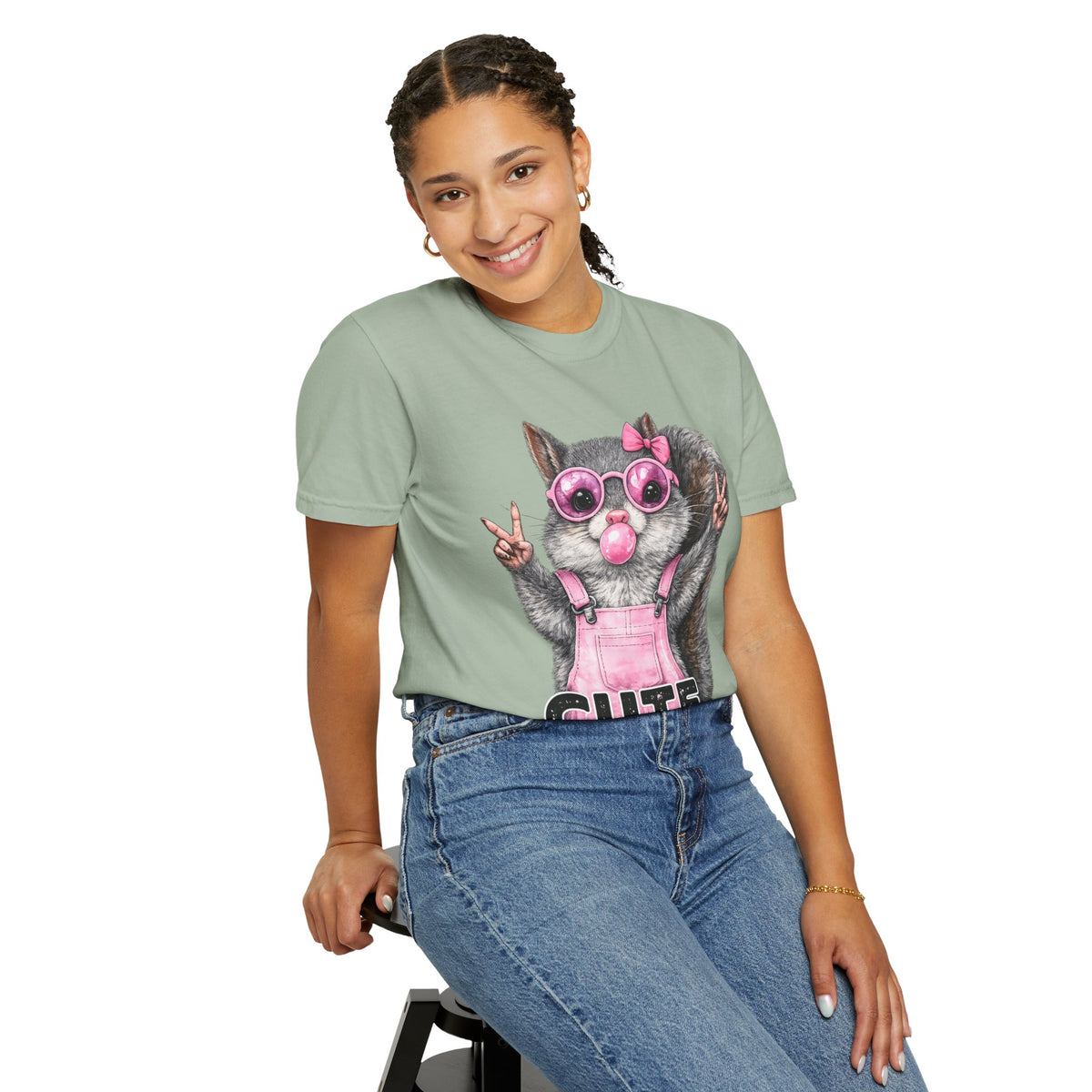 Cute But Feral, Squirrel in Pink Bibs - Comfort Colors | Trendy Women's T-Shirt. Direct to Garment. Printed & Shipped in the USA. Unisex Sizes.