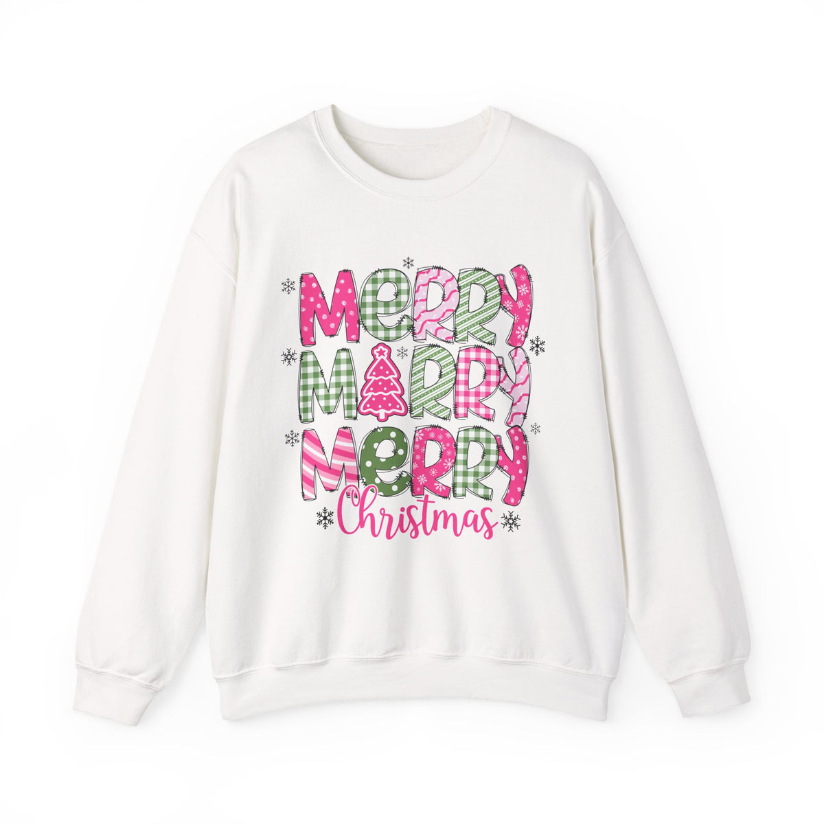 Merry Merry Merry Christmas Festive Candy Cane - Pink and Green – Gildan Heavy Blend | Trendy Women’s Soft Sweatshirt. Direct to Garment. Printed & Shipped in the USA. Unisex Sizes.