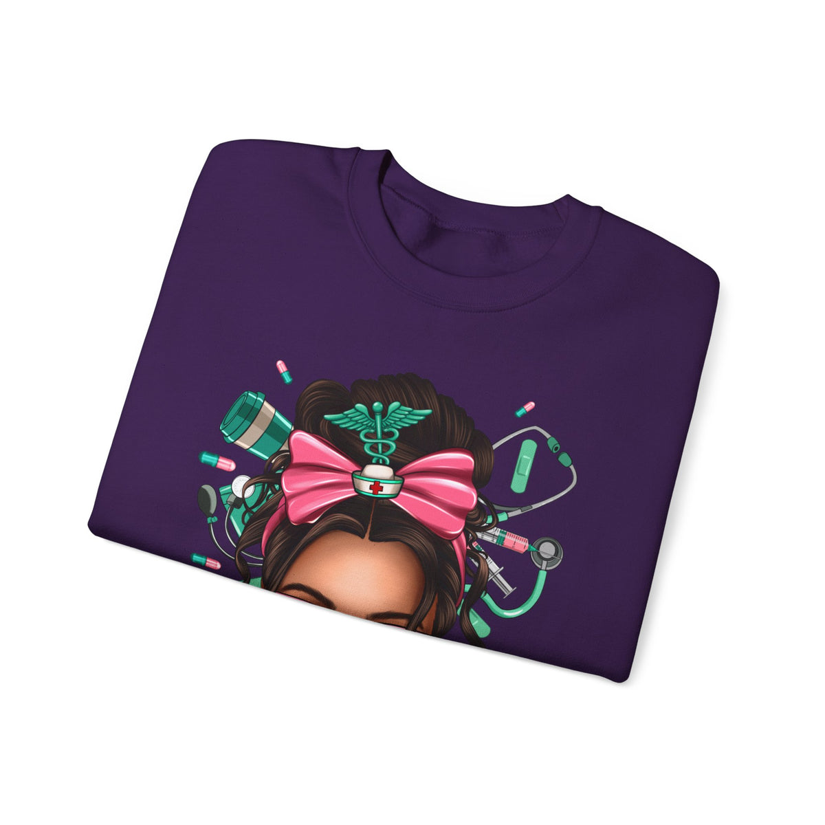 Nurse Life Messy Bun, Cute Stethoscope & Syringe – Gildan Heavy Blend | Trendy Women’s Soft Sweatshirt. Direct to Garment. Printed & Shipped in the USA. Unisex Sizes.