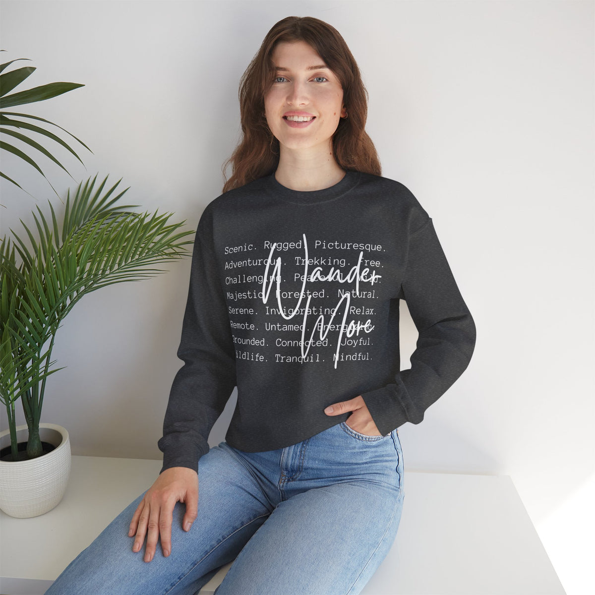 Wander More, Scenic Adventure Typography – Gildan Heavy Blend | Trendy Men's and Women’s Soft Sweatshirt. Direct to Garment. Printed & Shipped in the USA. Unisex Sizes.