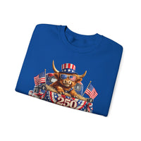 Patriotic Highland, America's 250th Birthday – Gildan Heavy Blend | Trendy Women’s and Men's Soft Sweatshirt. Direct to Garment. Printed & Shipped in the USA. Unisex Sizes.