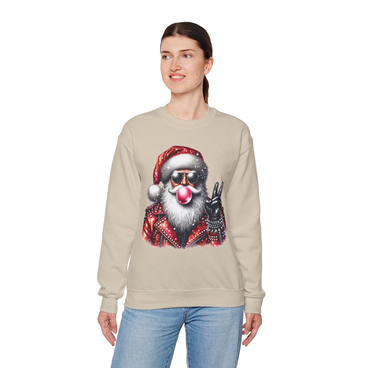 Biker Santa Leather Jacket Bubblegum – Gildan Heavy Blend | Trendy Women’s and Men's Soft Sweatshirt. Direct to Garment. Printed & Shipped in the USA. Unisex Sizes.