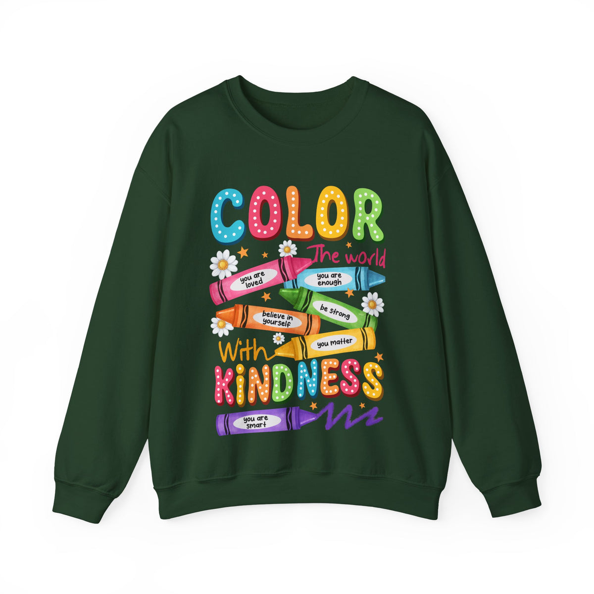 Color the World With Kindness Crayons, Great Teacher Gift – Gildan Heavy Blend | Trendy Women’s and Men's Soft Sweatshirt. Direct to Garment. Printed & Shipped in the USA. Unisex Sizes.