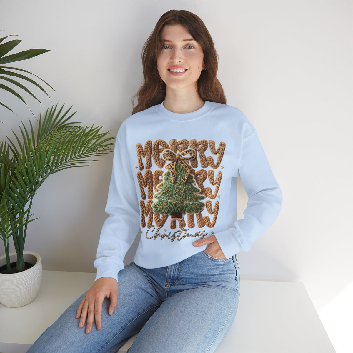 Merry Merry Merry Christmas, Faux Latch Hook Yarn – Gildan Heavy Blend | Trendy Women’s Soft Sweatshirt. Direct to Garment. Printed & Shipped in the USA. Unisex Sizes.
