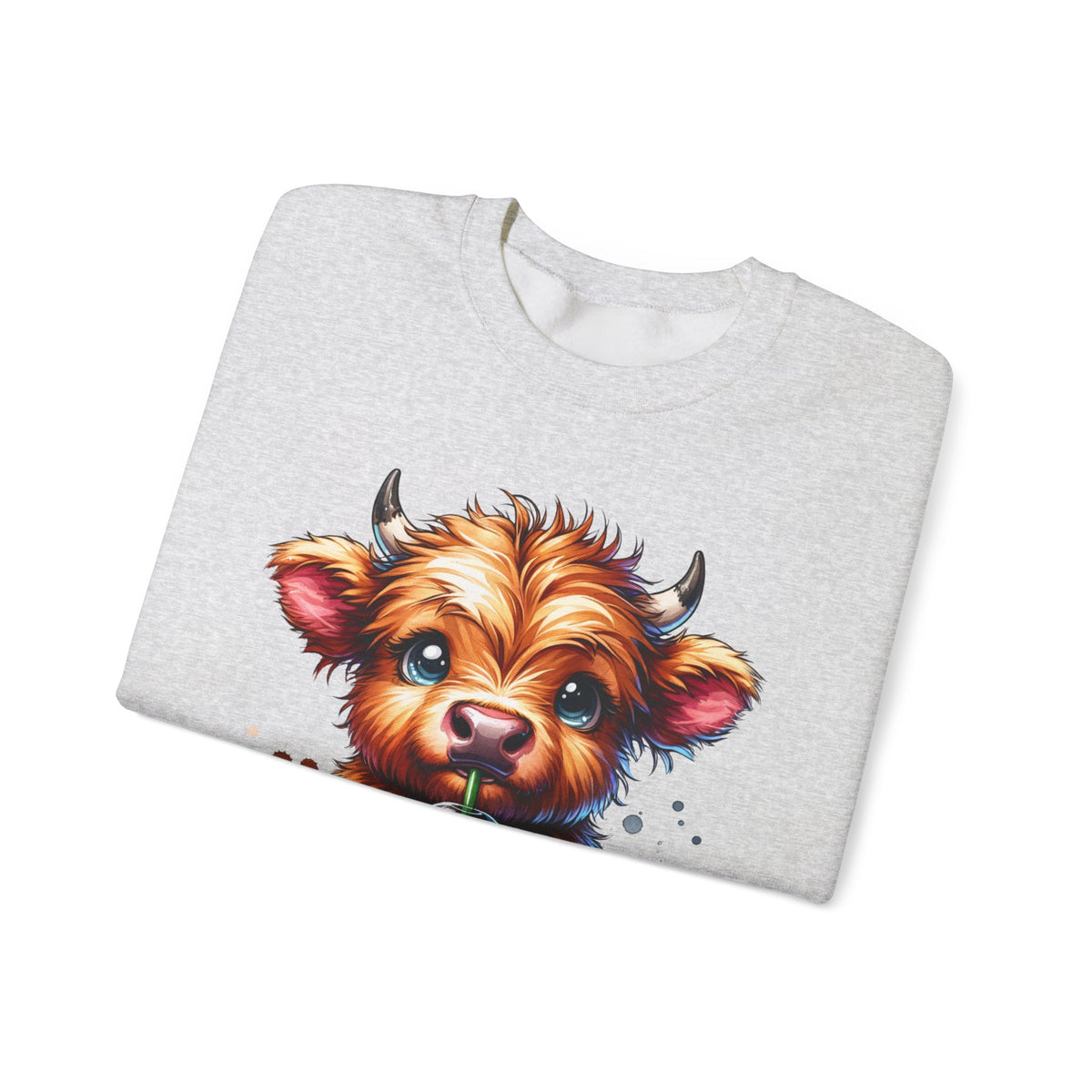 Coffee Addict Highland Cow Drinking Iced Coffee – Gildan Heavy Blend | Trendy Women’s Soft Sweatshirt. Direct to Garment. Printed & Shipped in the USA. Unisex Sizes.