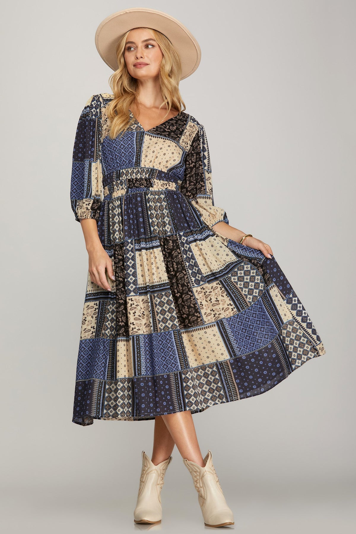 3/4 Sleeve V-Neck Woven-Look Midi Dress with Pockets