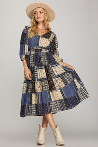 3/4 Sleeve V-Neck Woven-Look Midi Dress with Pockets