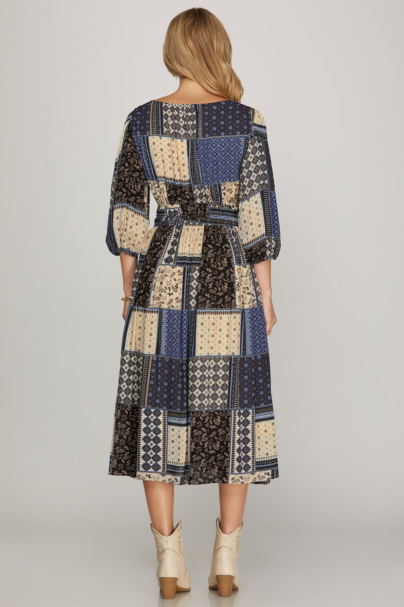 3/4 Sleeve V-Neck Woven-Look Midi Dress with Pockets