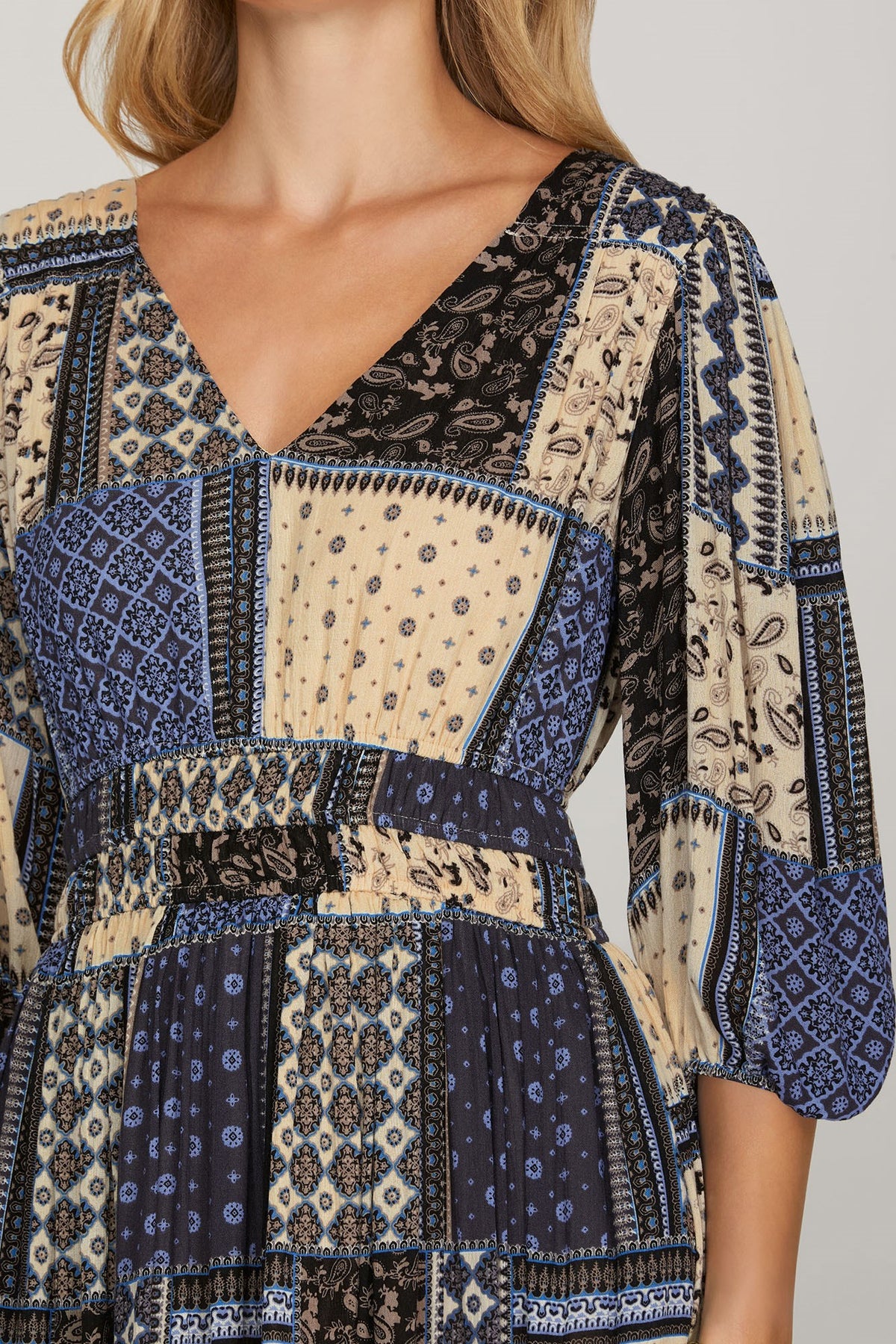 3/4 Sleeve V-Neck Woven-Look Midi Dress with Pockets
