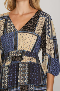 3/4 Sleeve V-Neck Woven-Look Midi Dress with Pockets