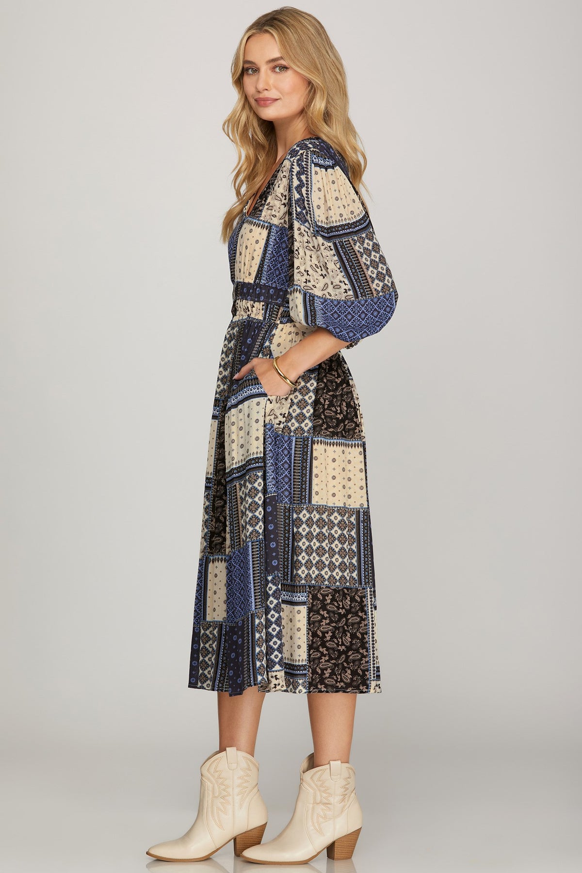 3/4 Sleeve V-Neck Woven-Look Midi Dress with Pockets