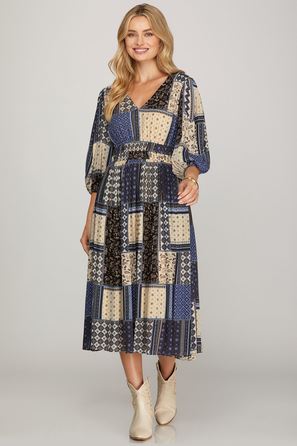 3/4 Sleeve V-Neck Woven-Look Midi Dress with Pockets