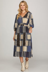 3/4 Sleeve V-Neck Woven-Look Midi Dress with Pockets