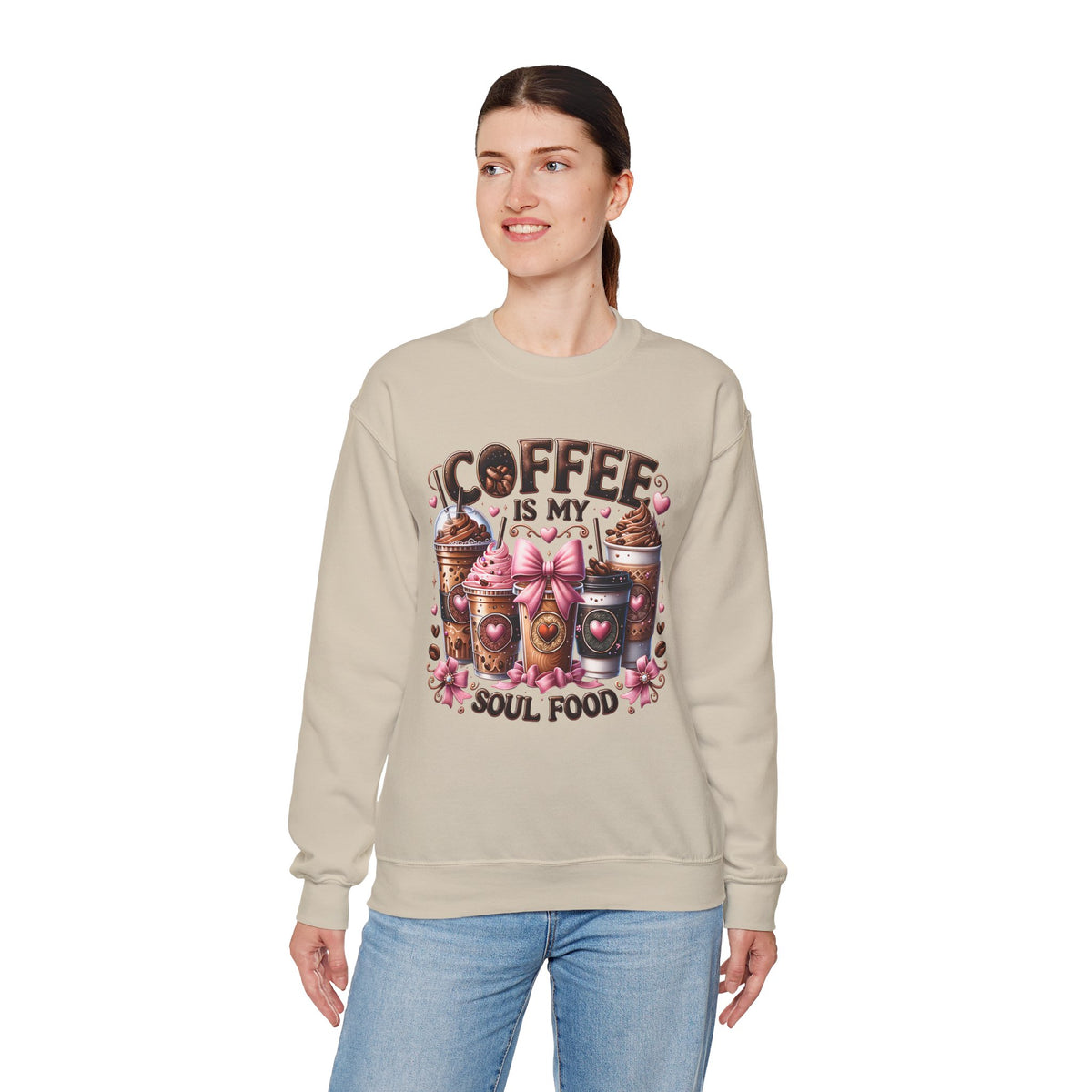 Coffee Is My Soul Food, Iced Coffee, Pink Bow – Gildan Heavy Blend | Trendy Women’s Soft Sweatshirt. Direct to Garment. Printed & Shipped in the USA. Unisex Sizes.