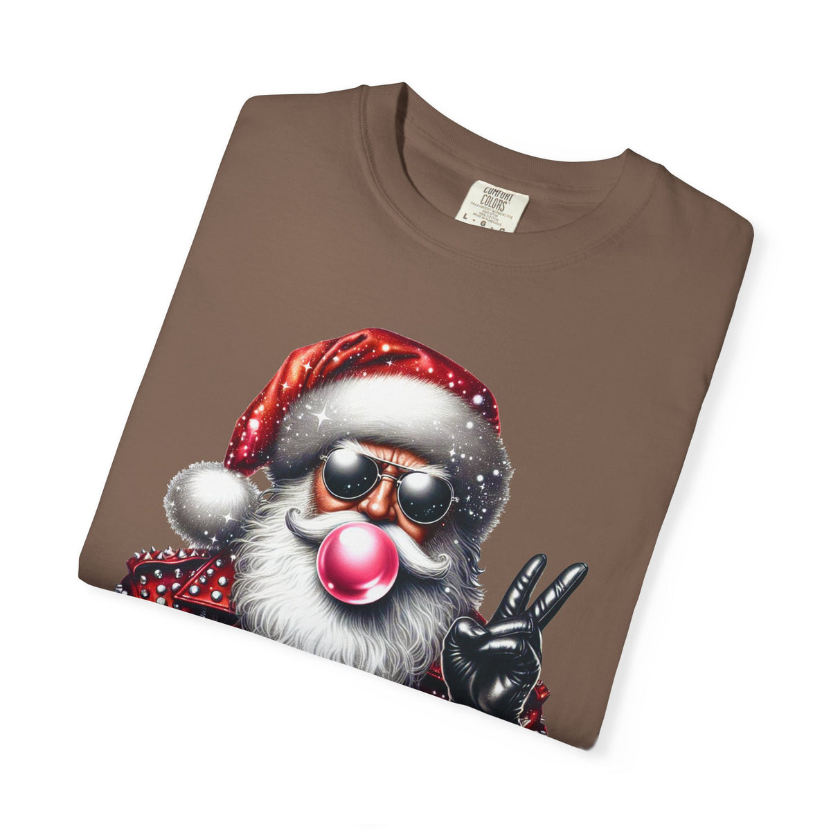 Biker Santa Leather Jacket Bubblegum - Comfort Colors | Trendy Women's and Men's T-Shirt. Direct to Garment. Printed & Shipped in the USA. Unisex Sizes.