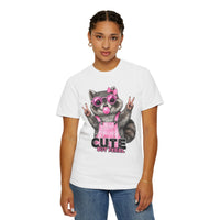 Cute But Feral, Raccoon in Pink Bibs - Comfort Colors | Trendy Women's T-Shirt. Direct to Garment. Printed & Shipped in the USA. Unisex Sizes.