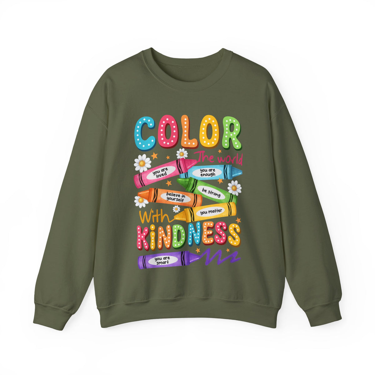 Color the World With Kindness Crayons, Great Teacher Gift – Gildan Heavy Blend | Trendy Women’s and Men's Soft Sweatshirt. Direct to Garment. Printed & Shipped in the USA. Unisex Sizes.