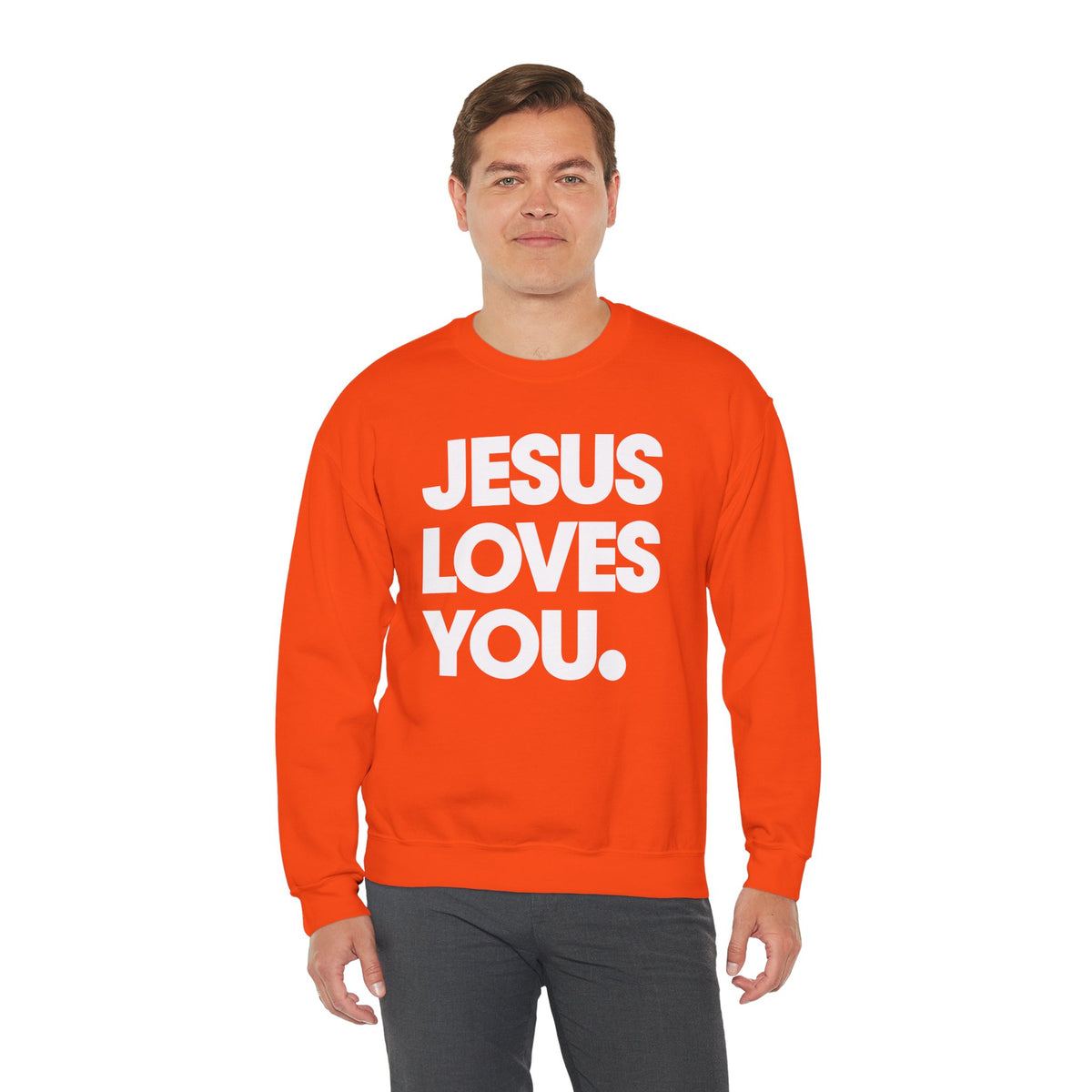 Jesus Loves You – Gildan Heavy Blend | Trendy Women’s and Men's Soft Sweatshirt. Direct to Garment. Printed & Shipped in the USA. Unisex Sizes.